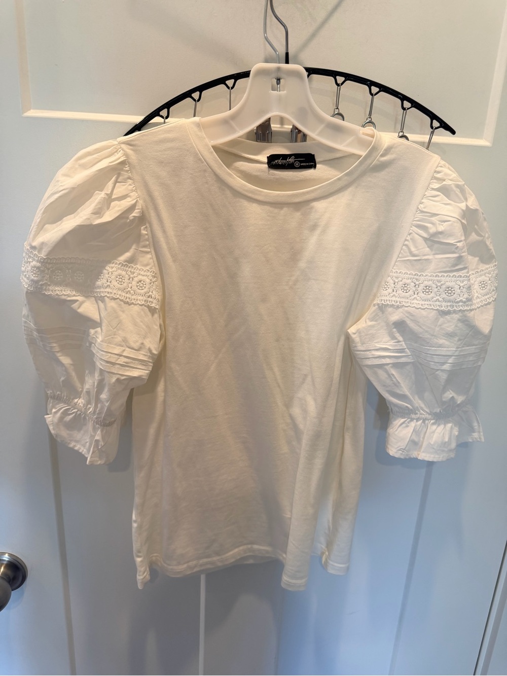 On Twelfth White Puff Sleeve Lace Trim Blouse Top Size M